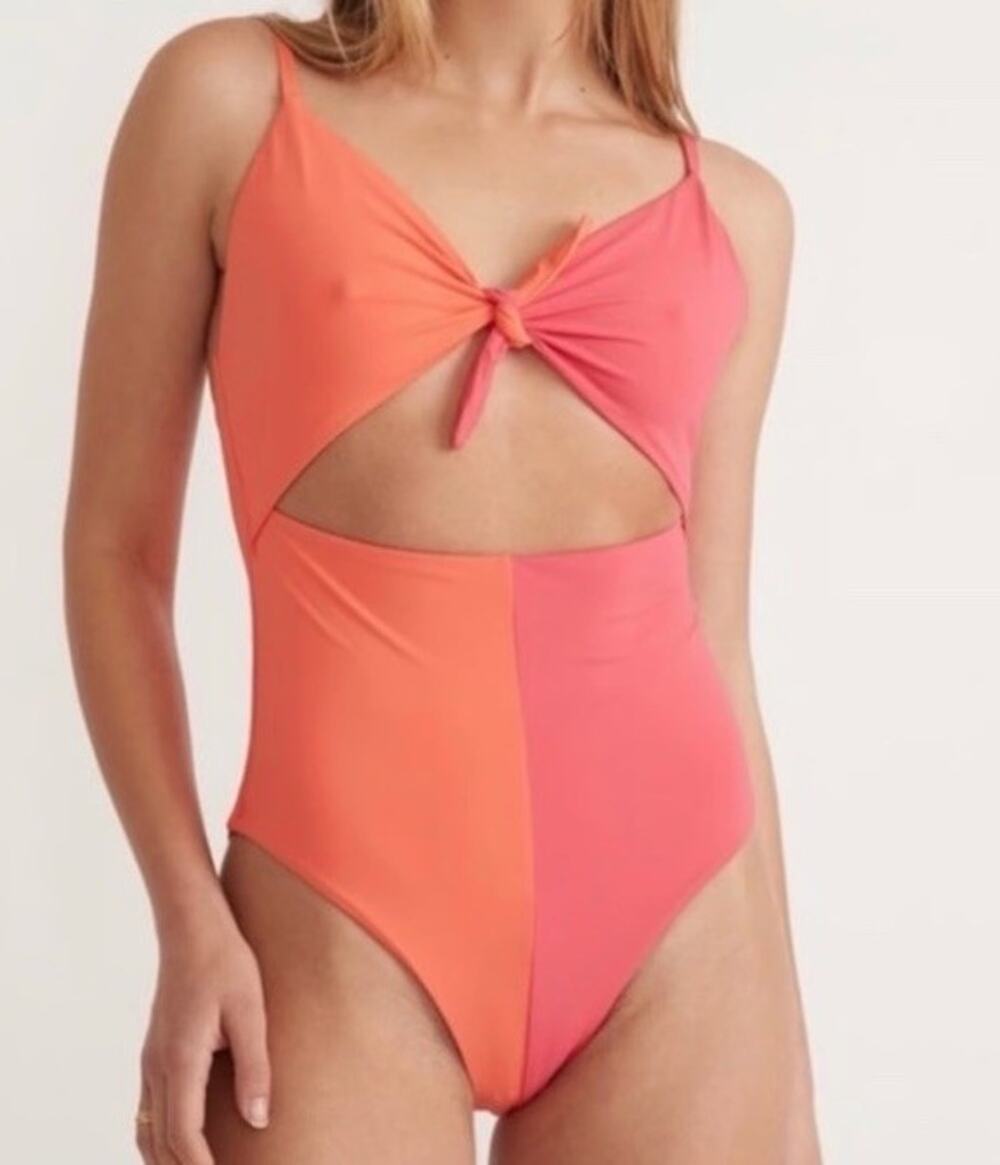 Marine Layer Havana Tie Front One-Piece Swimsuit Bright Coral Pink Sz M NWT